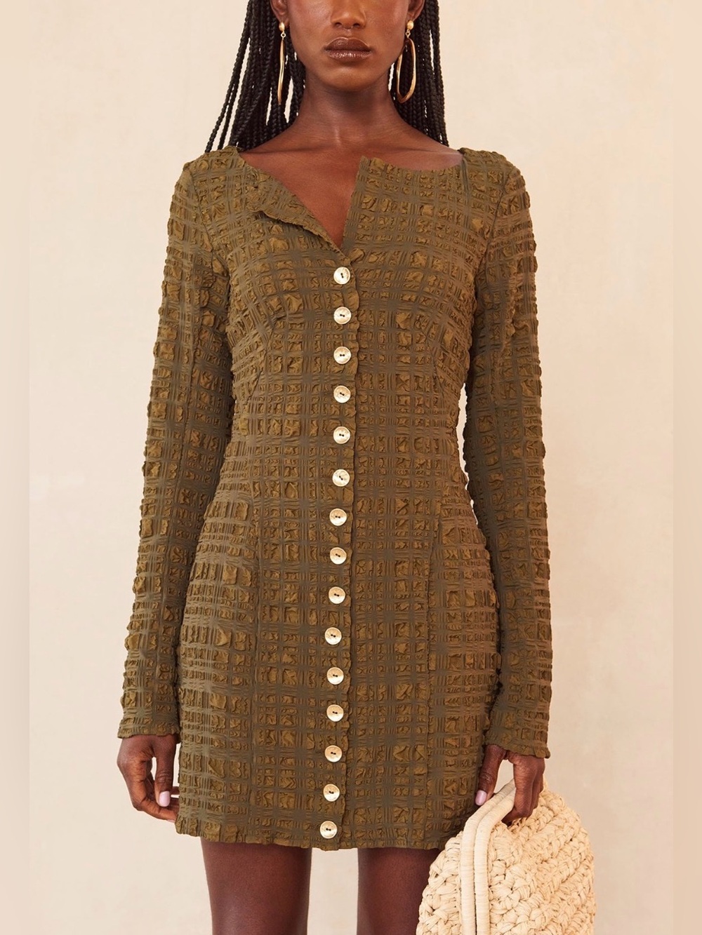 Cult Gaia Lafina Textured Button Front Mini Dress Olive Green Size M Nwot